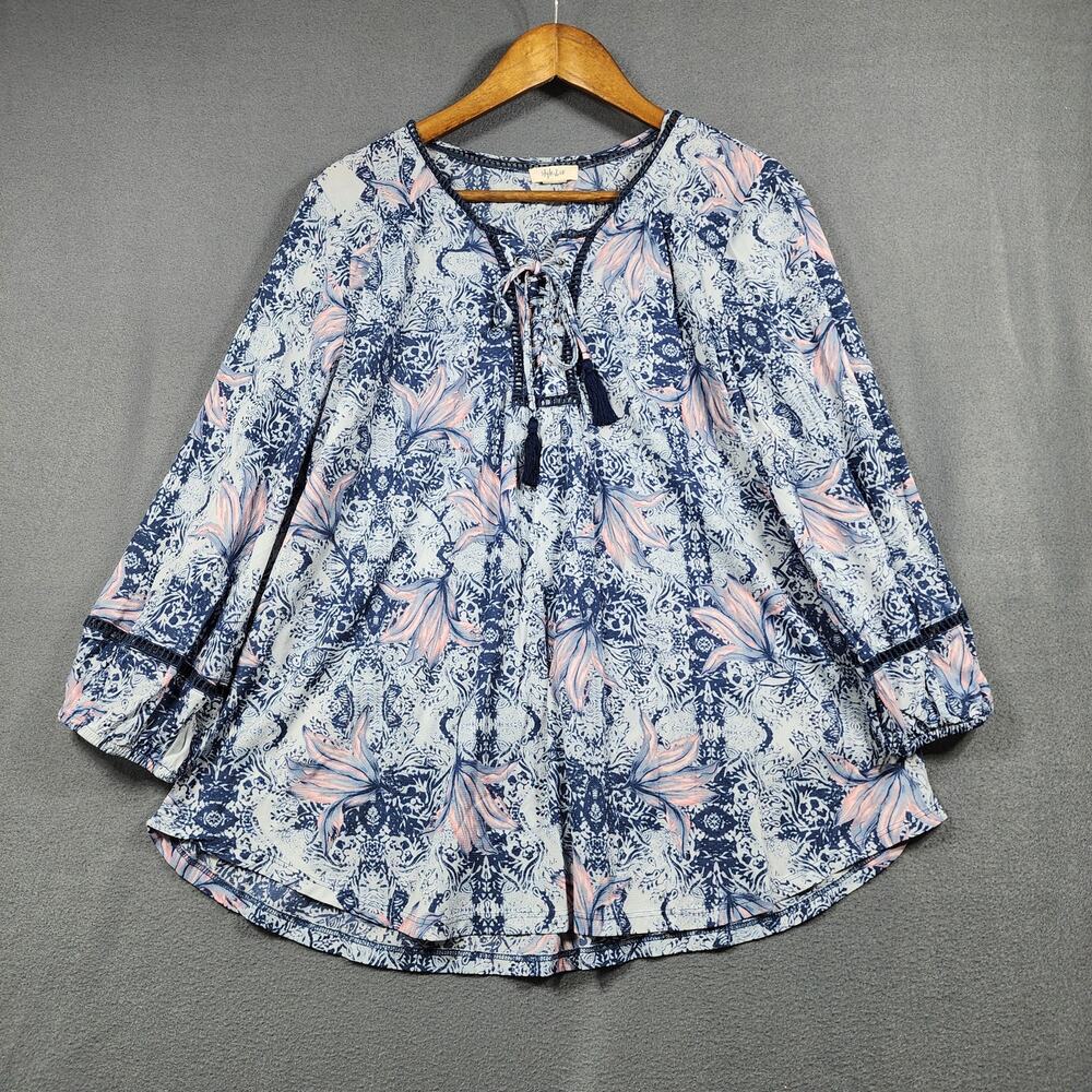 Style & Co Womens Top XL Blue Floral Tassel Popover Boho Prairie Peasant Relaxed
